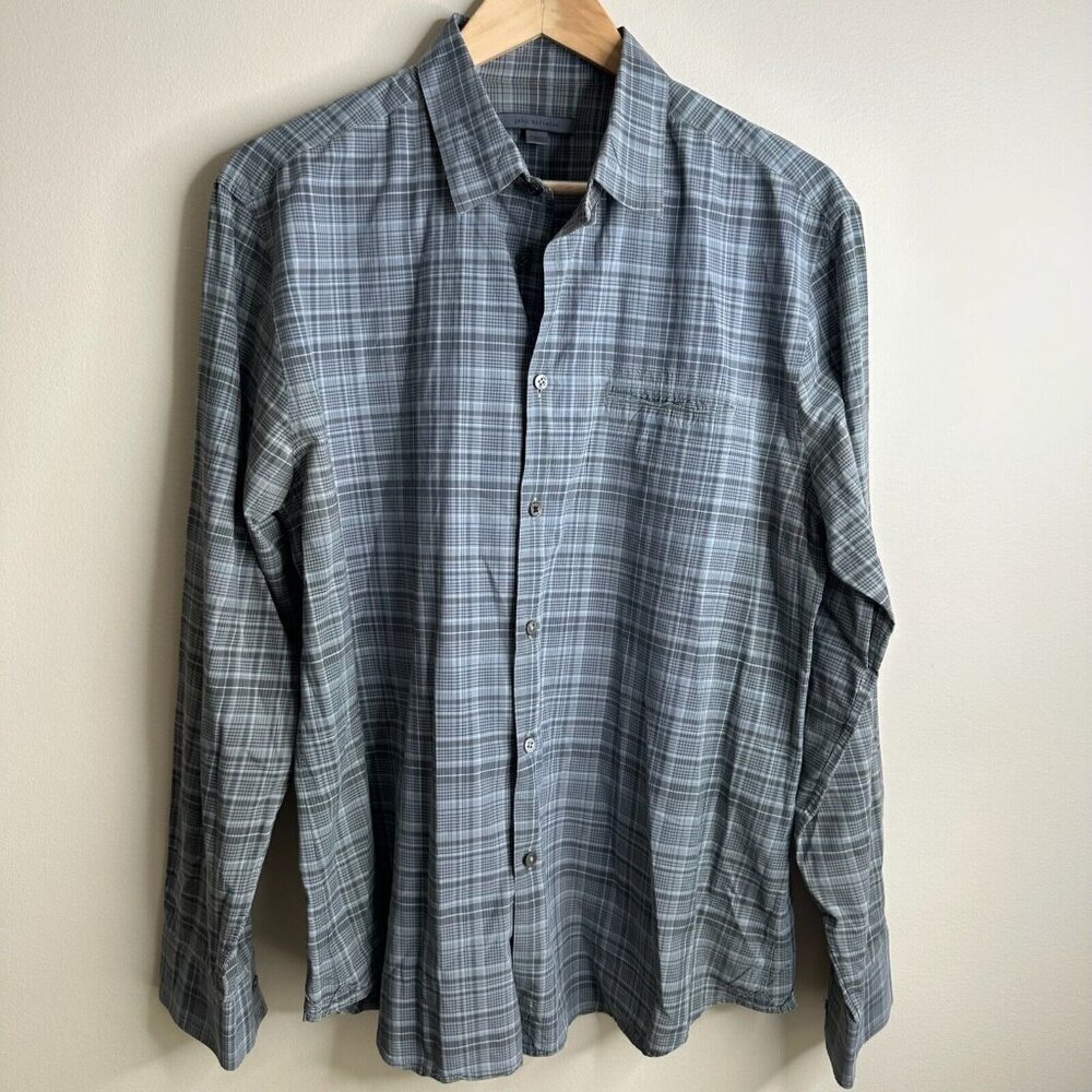 John Varvatos Shirt Mens L Gray Plaid Button Down Cotton Lightweight Long Sleeve